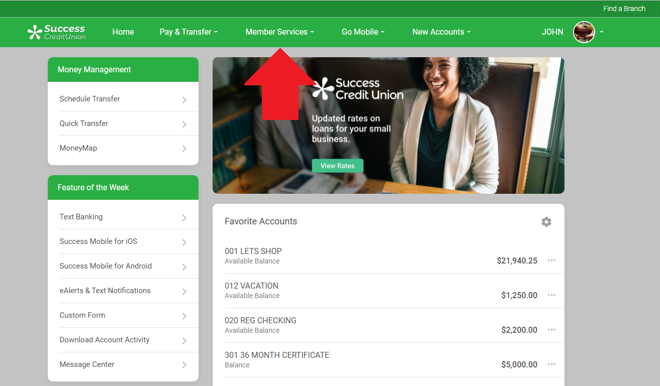 Screenshot (428) Red arrow pointing at Member Services