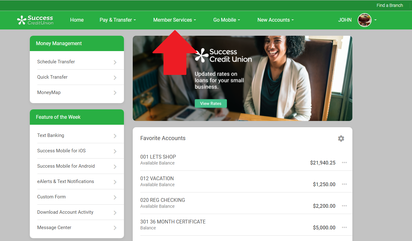 Red arrow pointing at Member Services