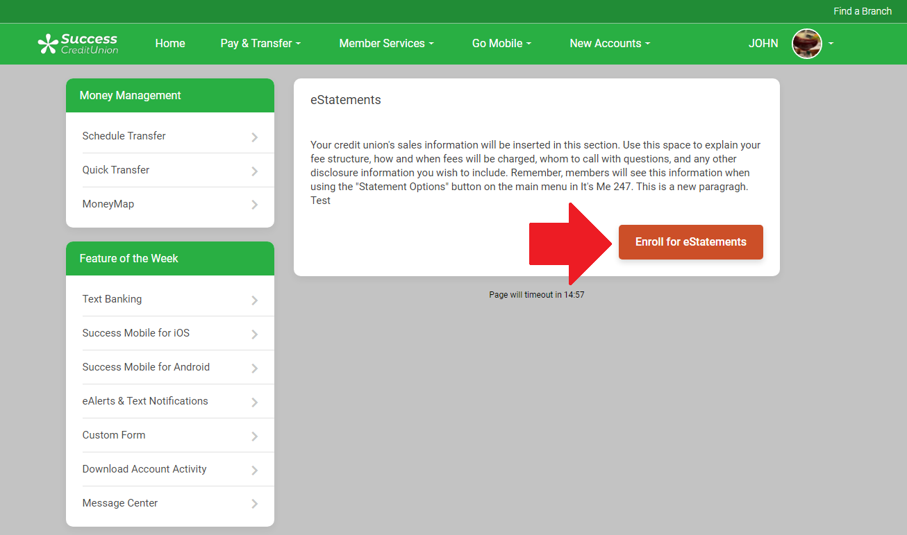 Red arrow pointing at "eStatements"