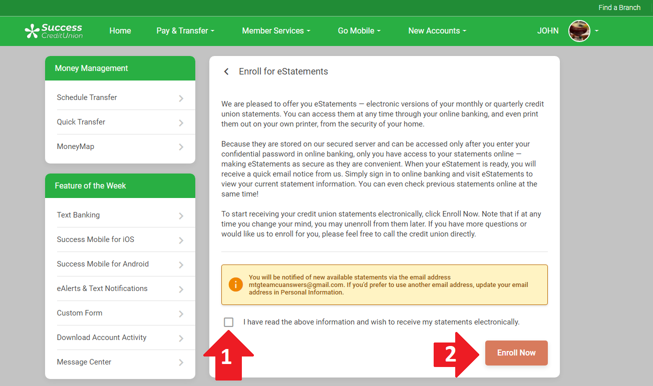 Red arrow pointing at "eStatements"